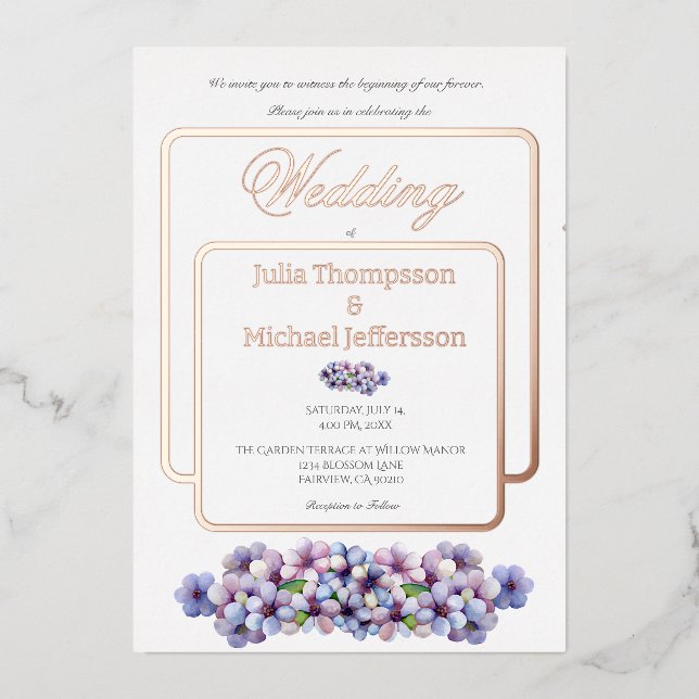 Romantische Poetic Lilac Hochzeit der Flora Folieneinladung (Vorderseite)