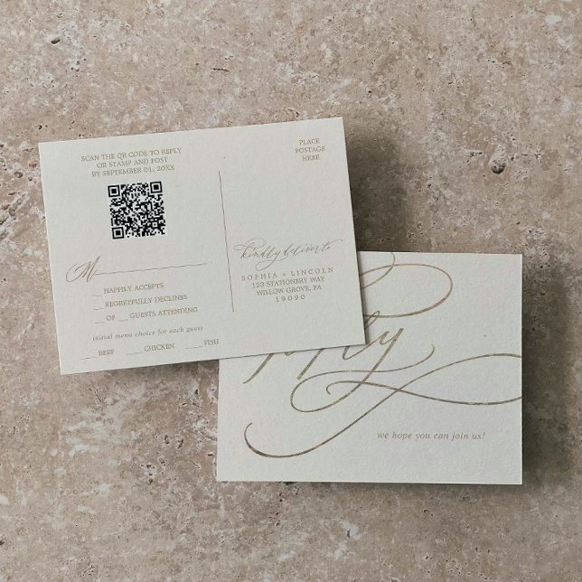 Romantische QR-UAWG für Gold und Elfenbein Einladungspostkarte (Von Creator hochgeladen)