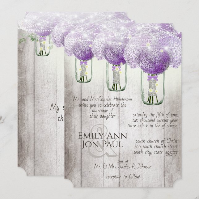 Romantische Radiant Orchid Mason Jar Firefly Weddi Einladung (Vorne/Hinten)