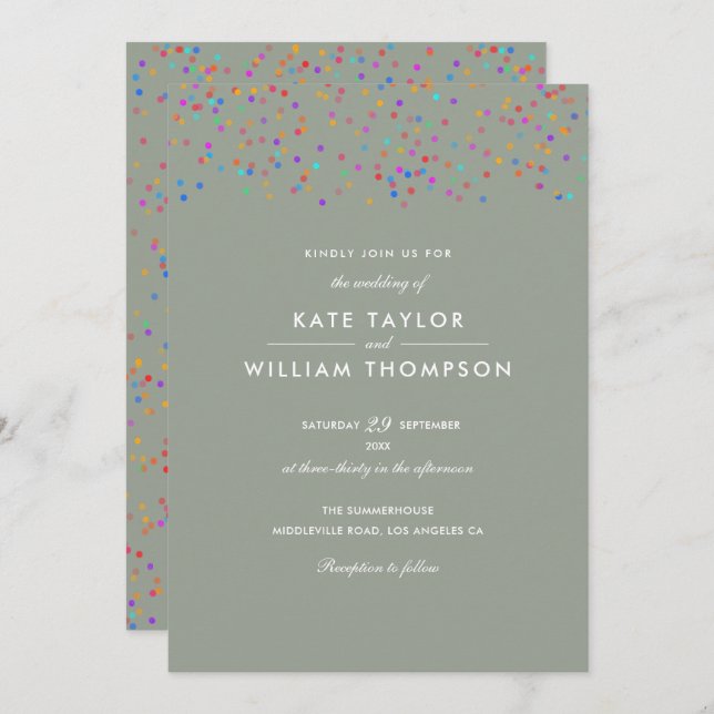Romantische Rainbow Confetti Sage Green Wedding Einladung (Vorne/Hinten)