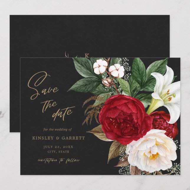 Romantische Red Floral Bouquet Black & Gold Weddin Save The Date (Vorne/Hinten)