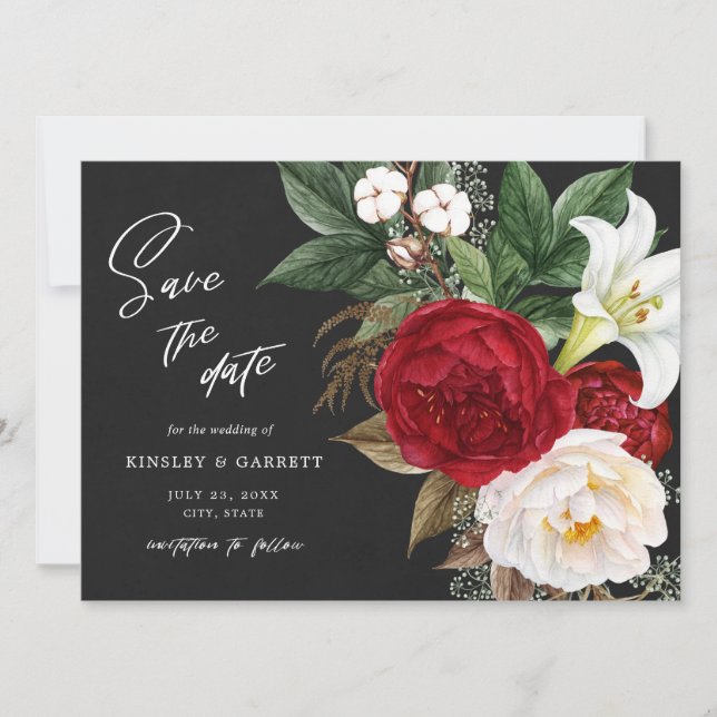 Romantische Red Floral Bouquet Black & White Weddi Save The Date (Vorderseite)