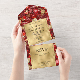Romantische Red Gold Glitzy Hearts Wedding All In One Einladung