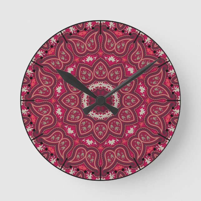Romantische Reds Kaleidoscope Paisley Boho Runde Wanduhr (Vorderseite)