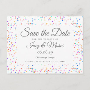 Romantische Regenbogen-Konfetti-Save-the-Date Postkarte