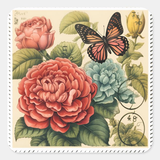 Romantische Retro-Briefmarke-Sticker Quadratischer Aufkleber (Vorderseite)
