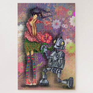 Romantische Robot- und Girl-Puzzle-Malerei