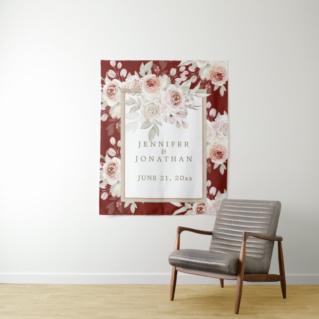 Romantische Rosa auf Burgund Hochzeit Wandteppich (Beispiel)
