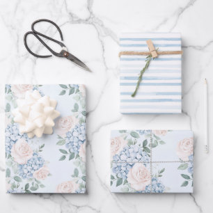 Romantische rosa blaue Blumen Brautparty Geschenkpapier Set