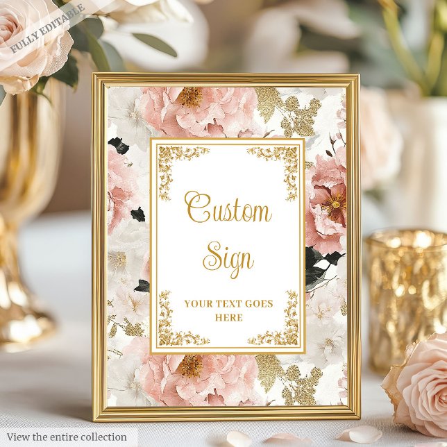 Romantische rosa Blume Goldhochzeit 8x10 Zeichen Poster (Romantic dusty pink flowers gold wedding 8x10 sign)