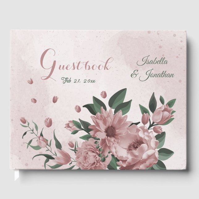 Romantische rosa Blume & grüne Blätter Hochzeit Gästebuch (Vorderseite)