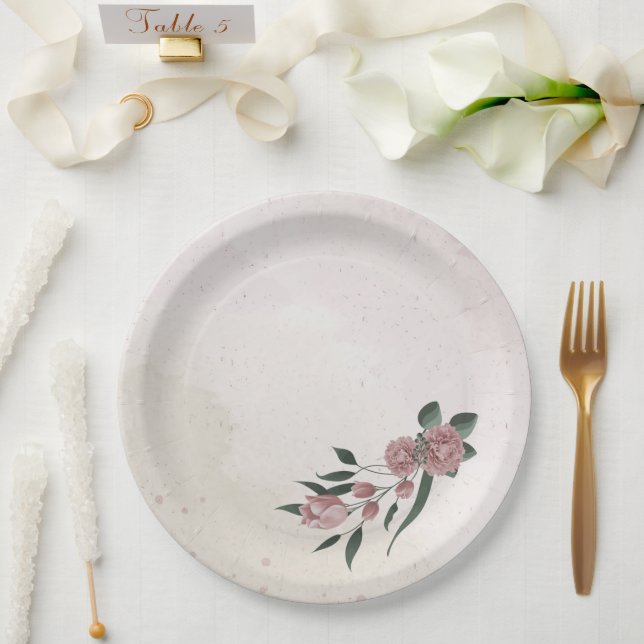 Romantische rosa Blume grüne Blätter Pappteller (Hochzeit)