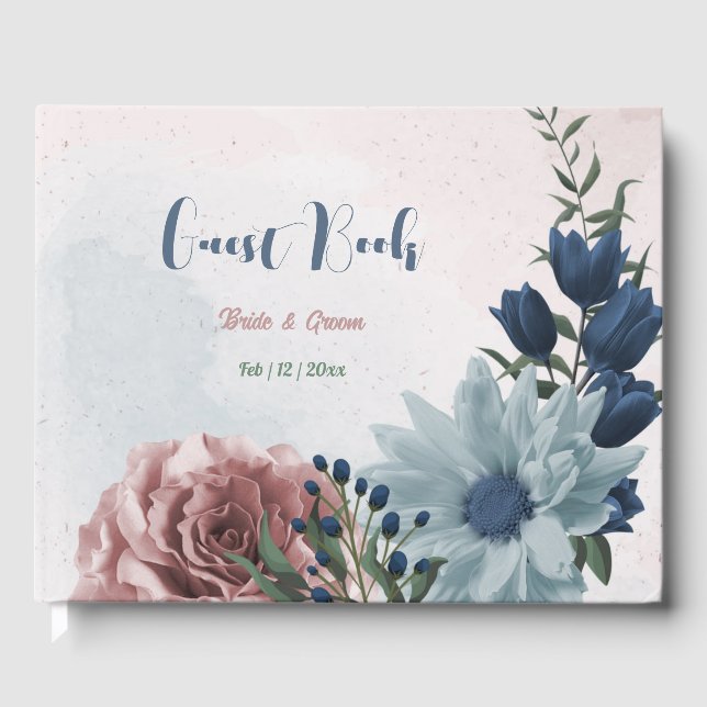 Romantische rosa Blumen Grüne Hochzeit Gästebuch (Vorderseite)