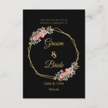 Romantische rosa Blumen Hochzeitseinladung schwarz