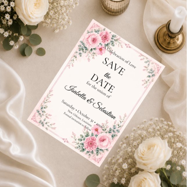 Romantische rosa Blumen Save The Date (Von Creator hochgeladen)