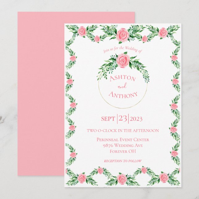 Romantische rosa Blumengrün Typografie Hochzeit I Einladung (Vorne/Hinten)