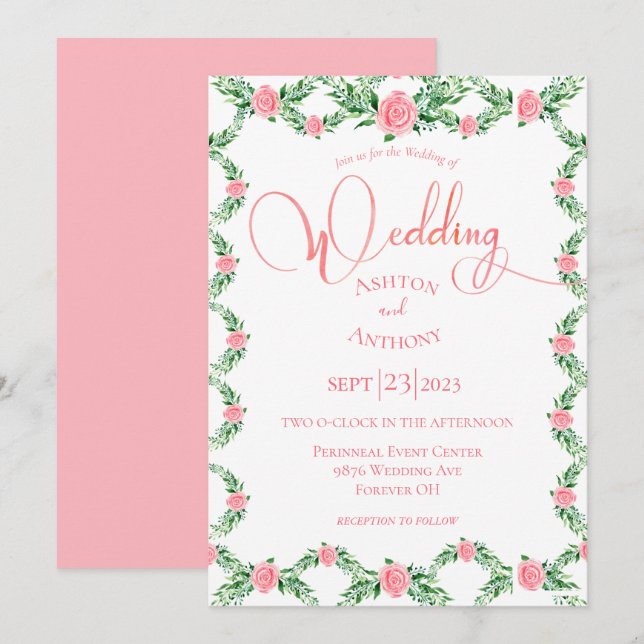 Romantische rosa Blumengrün Typografie Hochzeit I Einladung (Vorne/Hinten)