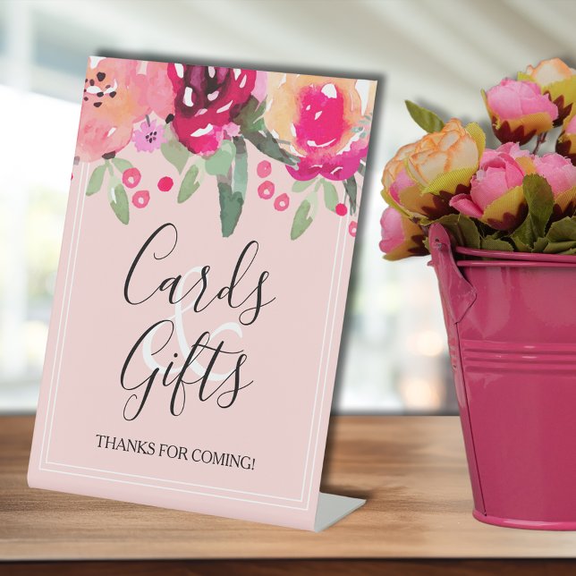 Romantische rosa Blumenkarten & Brautparty Sockelschild (Romantic pink watercolor flowers bridal shower Cards & Gifts tabletop pedestal sign)