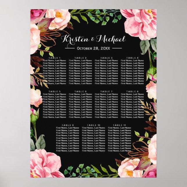 Romantische Rosa Blumenkreide Hochzeitstabelle Poster (Vorne)