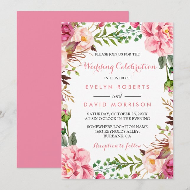 Romantische Rosa Blumenreath Wrap Feierliche Hochz Einladung (Vorne/Hinten)