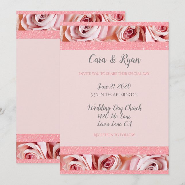 Romantische Rosa Blush Bloral Elegante Hochzeit Einladung (Vorne/Hinten)