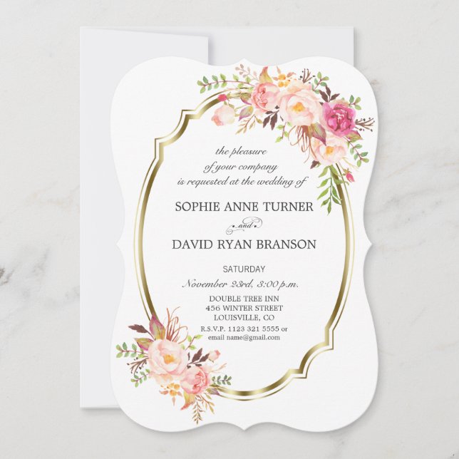 Romantische Rosa Blush Bloral Gold Rahmen Hochzeit Einladung (Vorderseite)