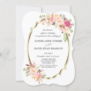Romantische Rosa Blush Bloral Gold Rahmen Hochzeit Einladung