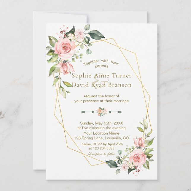 Romantische Rosa Blush Blume Goldrahmen Hochzeit Einladung (Vorderseite)