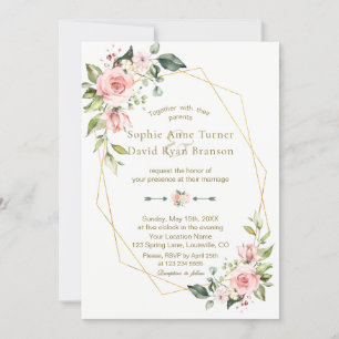 Romantische Rosa Blush Blume Goldrahmen Hochzeit Einladung