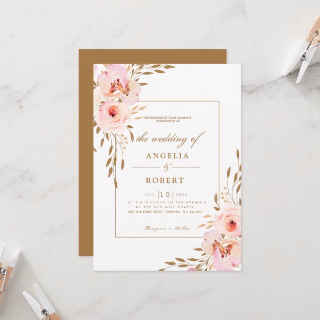 Romantische Rosa Blush Gold Floral Wedding Einladung (Vorderseite/Rückseite Beispiel)