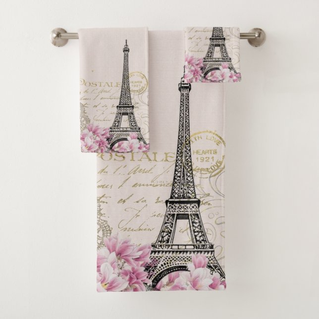 Romantische rosa Blüten Paris Eiffelturm Badhandtuch Set (Insitu)