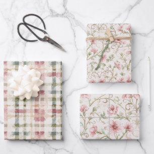 Romantische rosa Creme-Blume Geschenkpapier Set