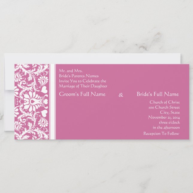Romantische Rosa Damaske Wirbel Hochzeit Einladung (Vorderseite)