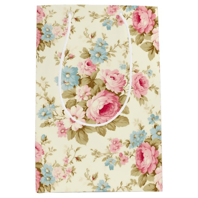 Romantische Rosa Englische Rose auf blassgelb Mittlere Geschenktüte (Vorderseite)