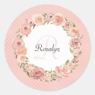 Romantische rosa gepunktete Rose Blumenname Mit Mo Runder Aufkleber