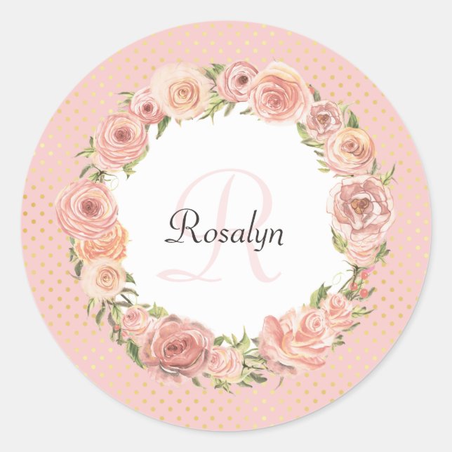 Romantische rosa gepunktete Rose Blumenname Mit Mo Runder Aufkleber (Vorderseite)