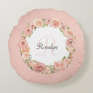 Romantische rosa gepunktete Rose Blumenname Mit Mo Rundes Kissen