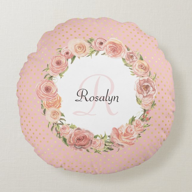 Romantische rosa gepunktete Rose Blumenname Mit Mo Rundes Kissen (Vorderseite)