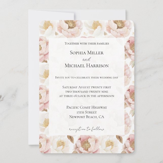 Romantische Rosa-Gold-Floral-Hochzeit Einladung (Vorderseite)