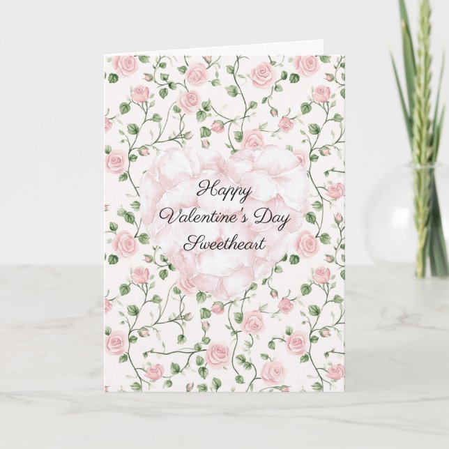 Romantische rosa Herz-Rosenblüten Valentinstag Karte (Vorderseite)