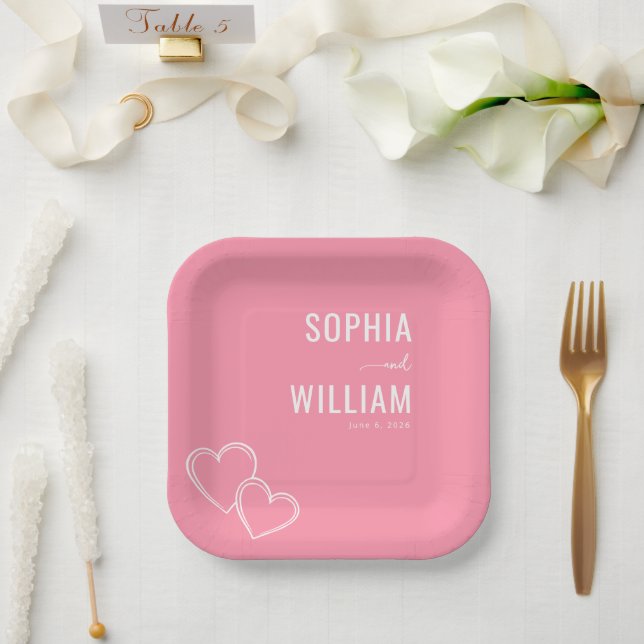 Romantische rosa Herzen Pappteller (Hochzeit)