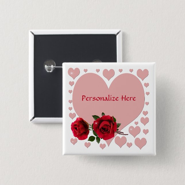 Romantische rosa Herzen und Rote Rosen personalisi Button (Vorne & Hinten)