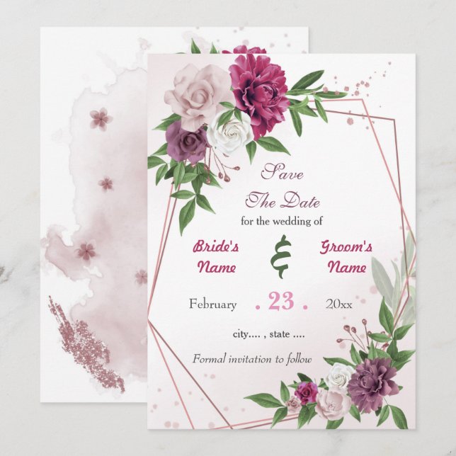 Romantische rosa-lila Blume geometrisch Save The Date (Vorne/Hinten)