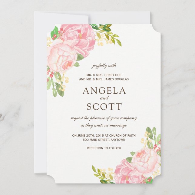 Romantische Rosa Peonies Hochzeitseinladungen Einladung (Vorderseite)