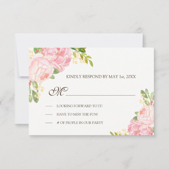 Romantische rosa Peonies Wedding RSVP Karte (Vorderseite)