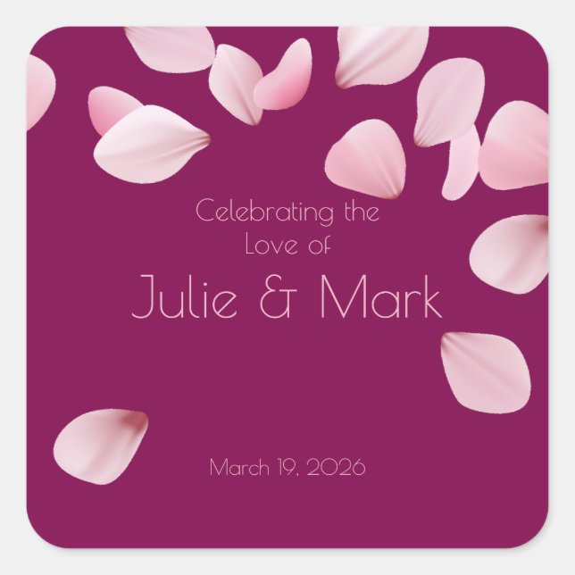 Romantische Rosa Petals Hochzeit Quadratischer Aufkleber (Vorderseite)