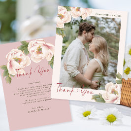Romantische Rosa Pink Peony Blume Foto Hochzeit Dankeskarte