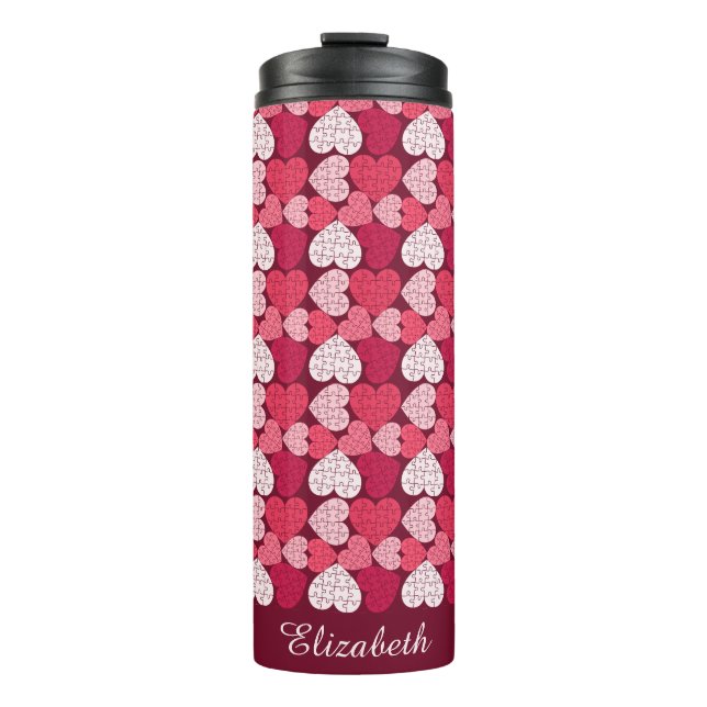 Romantische Rosa Puzzle Puzzle Herzmuster Name Thermosbecher (Vorderseite)