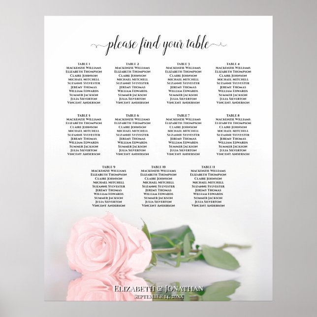 Romantische Rosa Rose 11 Tabelle Hochzeitsdiagramm Poster (Vorne)