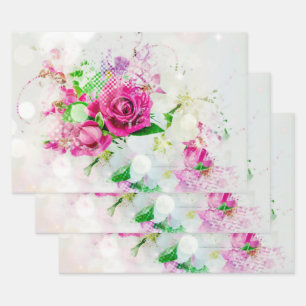 Romantische Rosa Rose mit Bokeh & Glitzern auf Wei Geschenkpapier Set